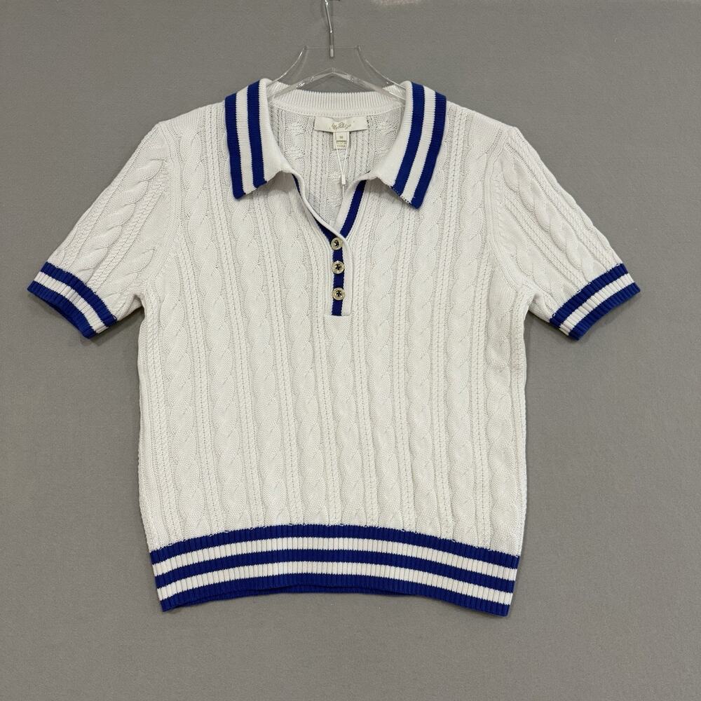 Lilly Pulitzer Suzette Polo Sweater Size Medium Cable Knit White/NavyGolf Preppy